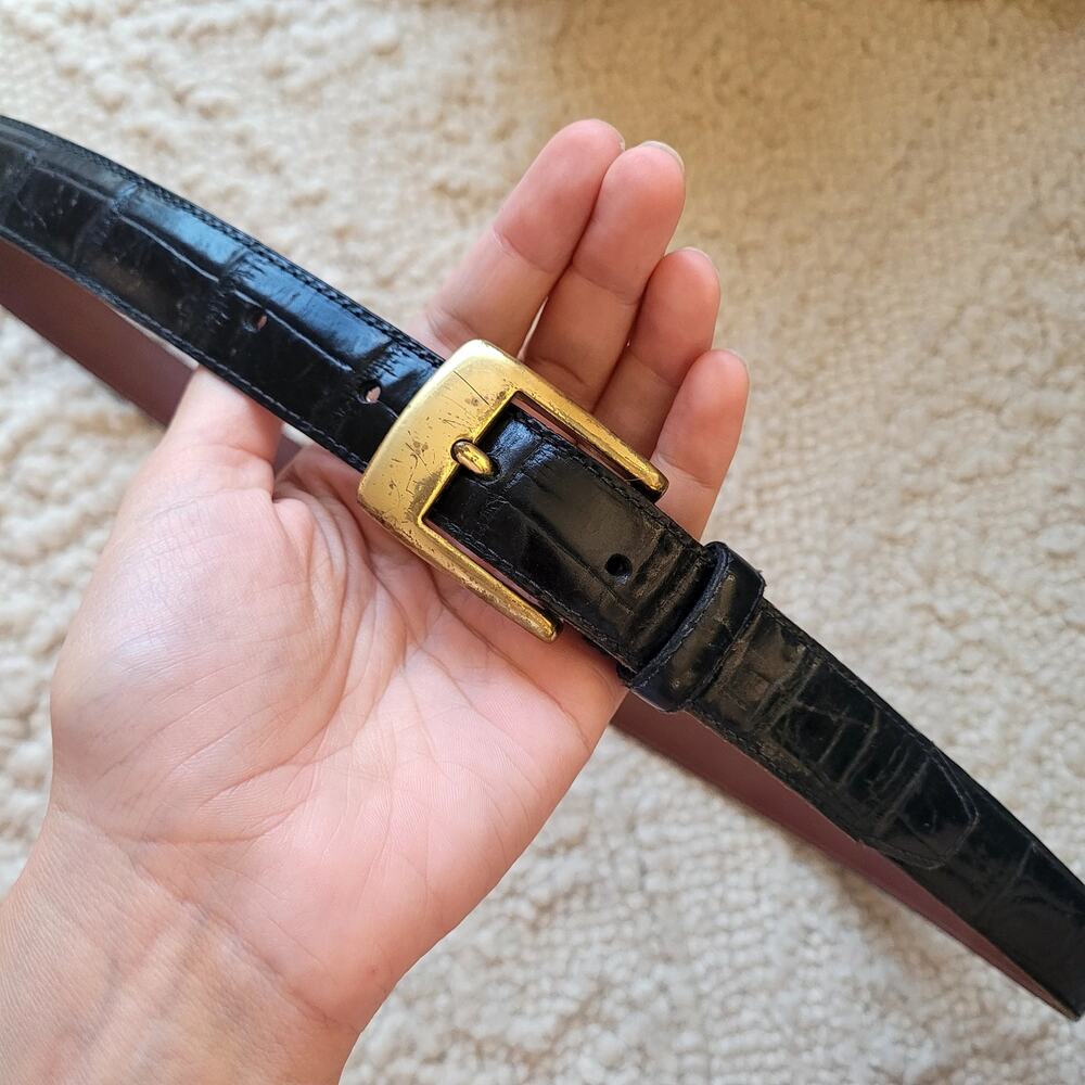 Vintage Croc Embossed Black Leather Belt with Brass Buckle Sz 36